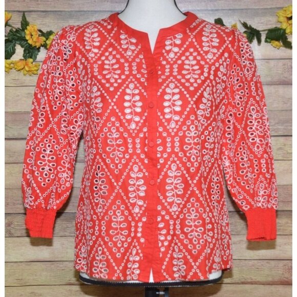Cabi Ladies S Red Lyric Eyelet Button Front Blouse Top Size S Puff Sleeves - Picture 1 of 12